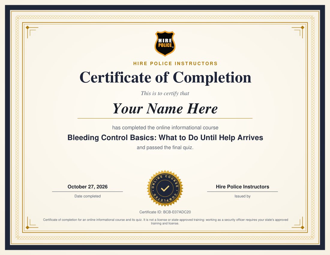 Sample certificate of completion with the learner's name, course title, quiz score, date and certificate ID