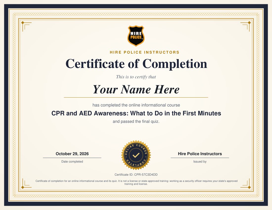 Sample certificate of completion with the learner's name, course title, quiz score, date and certificate ID