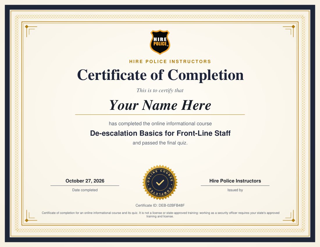 Sample certificate of completion with the learner's name, course title, quiz score, date and certificate ID