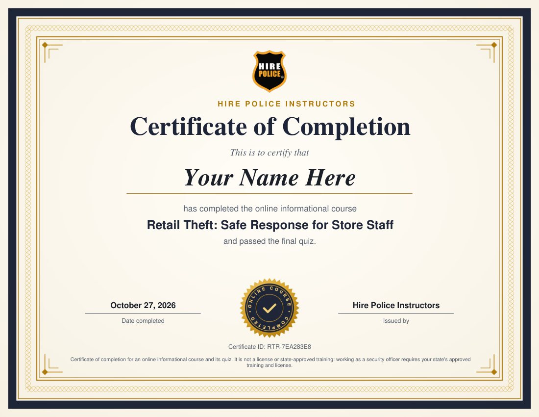 Sample certificate of completion with the learner's name, course title, quiz score, date and certificate ID
