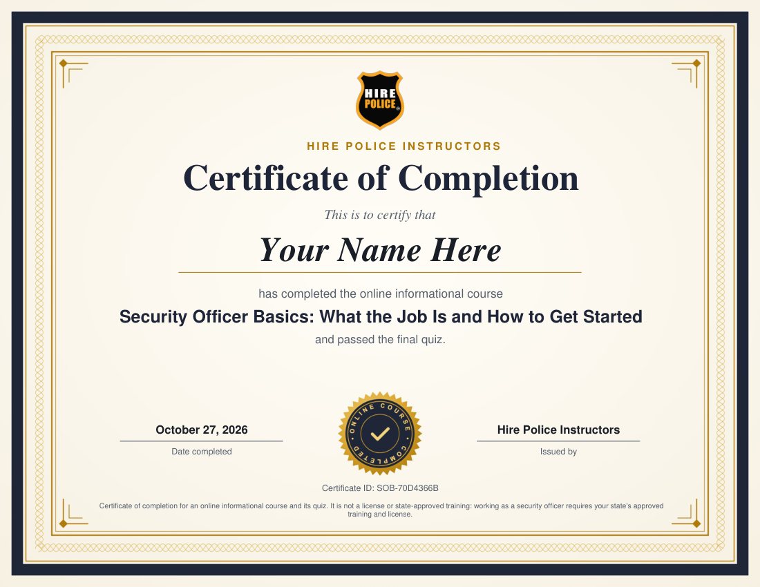 Sample certificate of completion with the learner's name, course title, quiz score, date and certificate ID