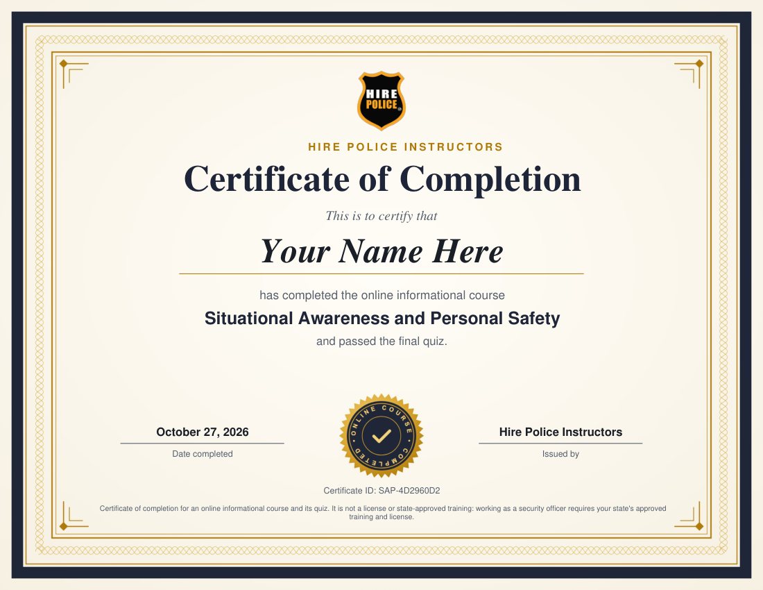 Sample certificate of completion with the learner's name, course title, quiz score, date and certificate ID