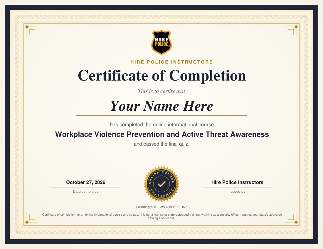 Sample certificate of completion with the learner's name, course title, quiz score, date and certificate ID